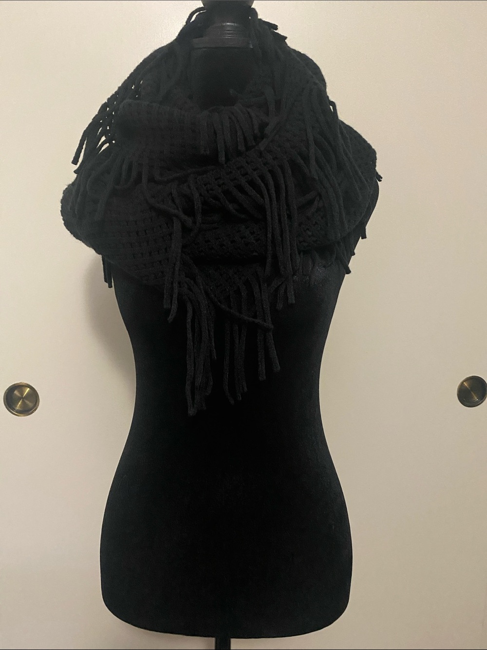 Fringed Black Knit Infinity Scarf - Women Accessories